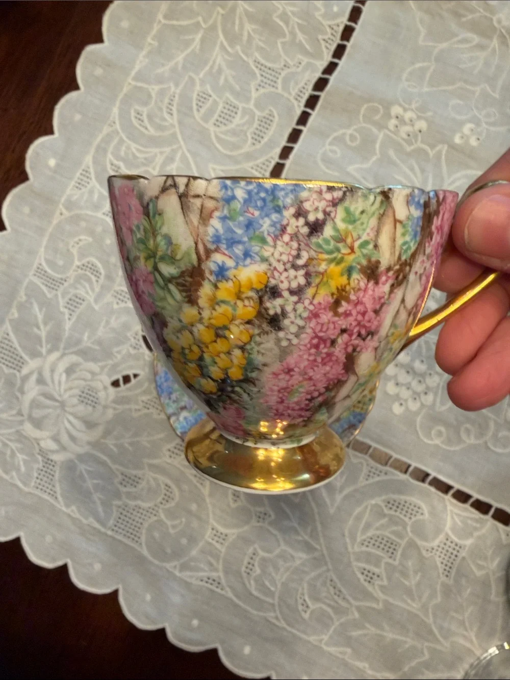 Floral Gold-Trim Porcelain Teacup and Saucer - Pink, Yellow, Blue